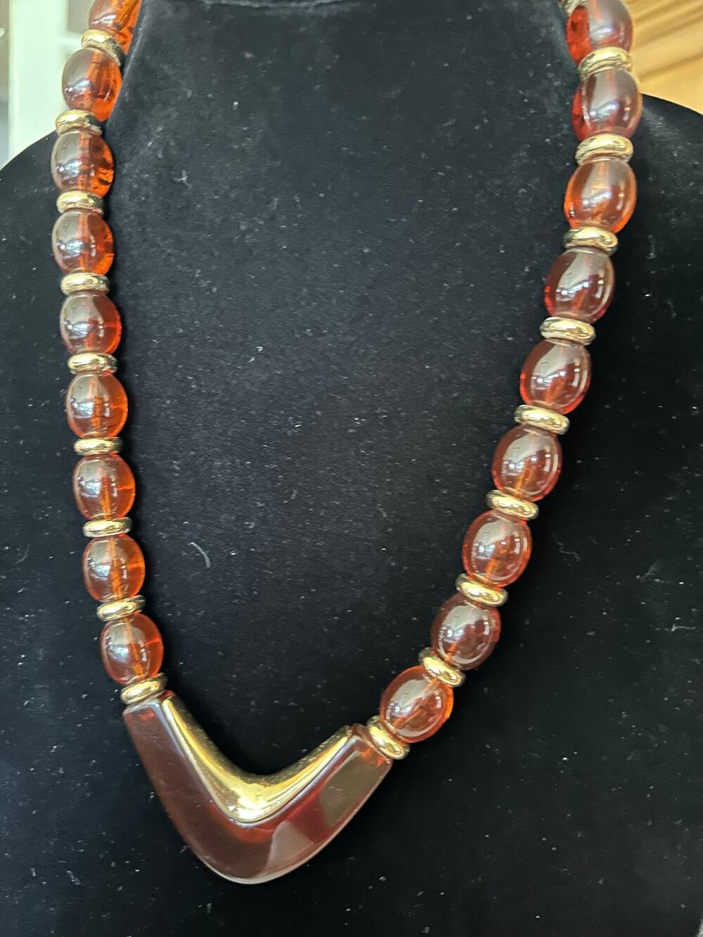 Vintage Napier Faux Amber Lucite Boomerang Chevron Statement Necklace Gold Tone